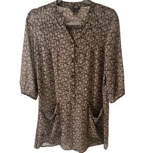Chiffon Pleated V-Neck Ditsy Floral Tunic Top Dress Lagenlook, Taupe Cream, M